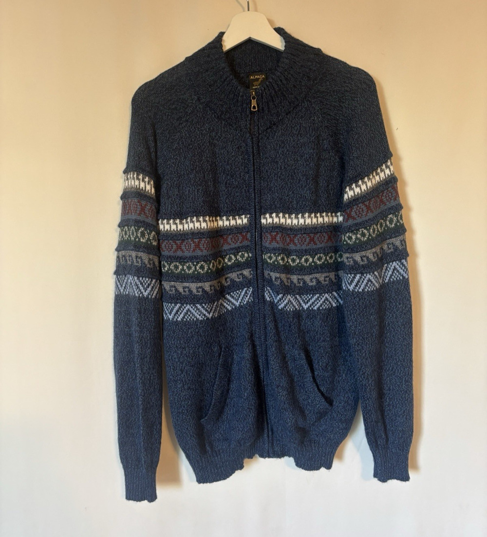 Alpaca Cardigan Medium Mens Peru Blue Zip Mock Neck Knit Sweater